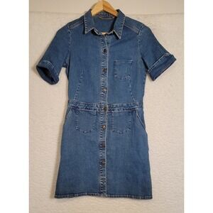 Zara Mini Dress Medium Blue Denim Button Front Stone Wash Pockets‎ Stretch 0864